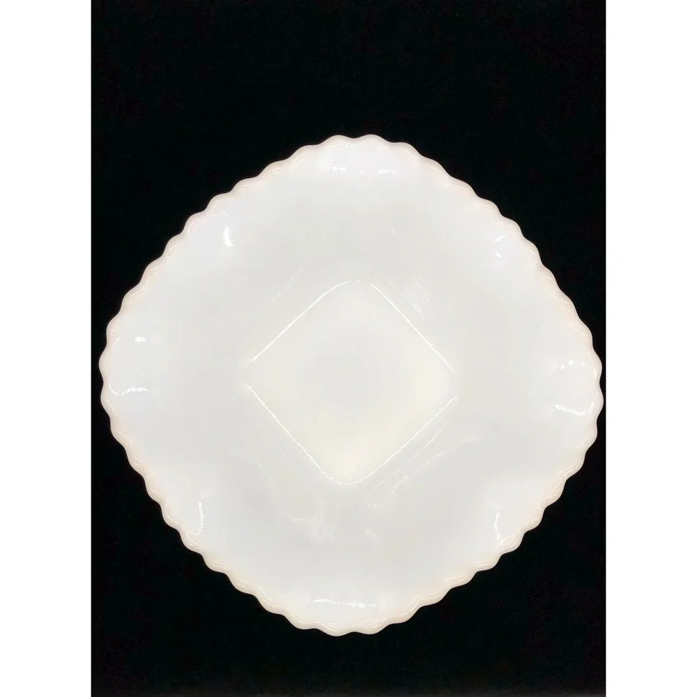 Vintage White Milk Glass Scalloped Ruffled Bowl Lattice Diamond Quilted 6.5 Inch